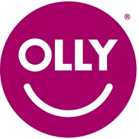 Logo of OLLY featuring a magenta circle with the word 'OLLY' in bold white capital letters above a simple white smiley face.